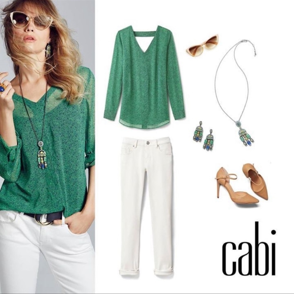 Cabi Bountiful Sheer Blouse #5208 Green Vines Key hole back size large